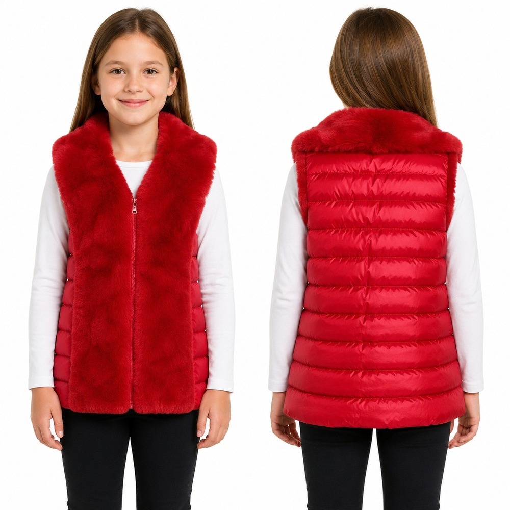 ADD  Girls Size 8 Real Rabbit Fur Trimmed Duck Down Vest Cranberry Red Holiday